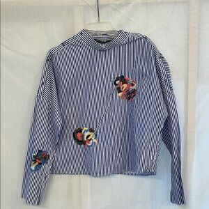 Zara Blue Striped Blouse with Floral Embroidery